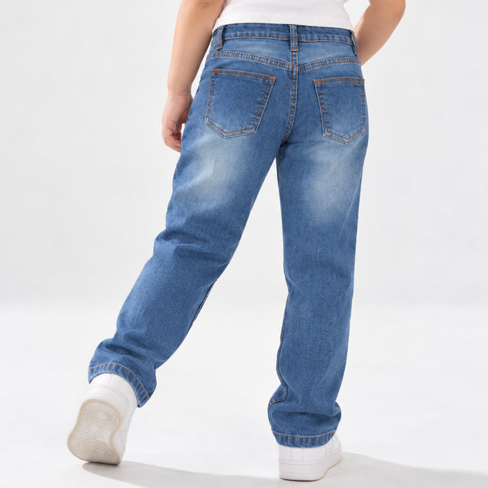 Kids Girls Jeans in Mid Blue with Straight Fit, Contrast Stitching & Denim Fabric