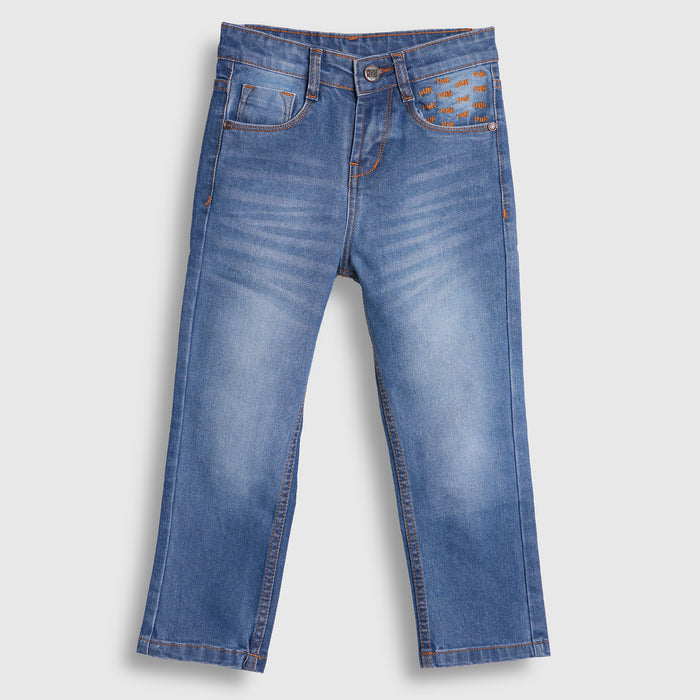 Kids Girls Jeans in Mid Blue with Straight Fit, Contrast Stitching & Denim Fabric