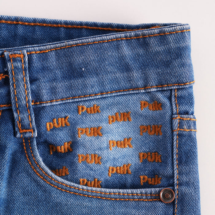 Kids Girls Jeans in Mid Blue with Straight Fit, Contrast Stitching & Denim Fabric
