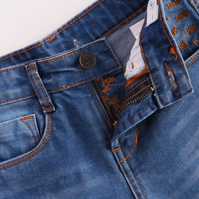 Kids Girls Jeans in Mid Blue with Straight Fit, Contrast Stitching & Denim Fabric