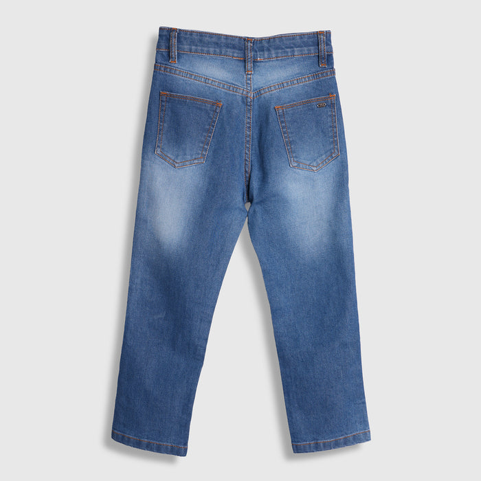 Kids Girls Jeans in Mid Blue with Straight Fit, Contrast Stitching & Denim Fabric