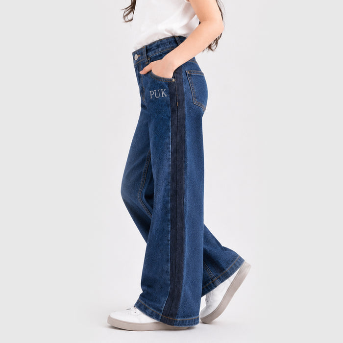 Kids Girls Jeans in Mid Blue with Wide Leg High Rise Fit & Airy Fabric for Daily Comfort