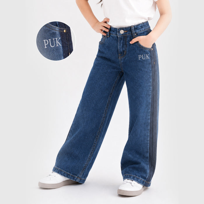 Kids Girls Jeans in Mid Blue with Wide Leg High Rise Fit & Airy Fabric for Daily Comfort