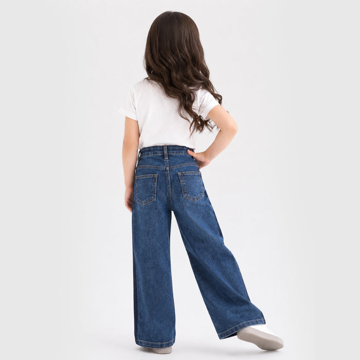 Kids Girls Jeans in Mid Blue with Wide Leg High Rise Fit & Airy Fabric for Daily Comfort