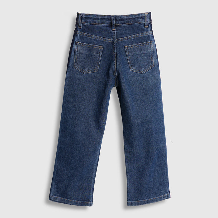 Kids Girls Jeans in Mid Blue with Wide Leg High Rise Fit & Airy Fabric for Daily Comfort
