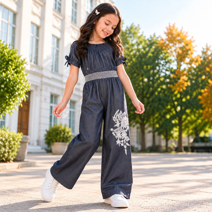 Kids Girls Jumpsuit in Dark Blue with Smocked Waist & Floral Embroidery for Casual Looks