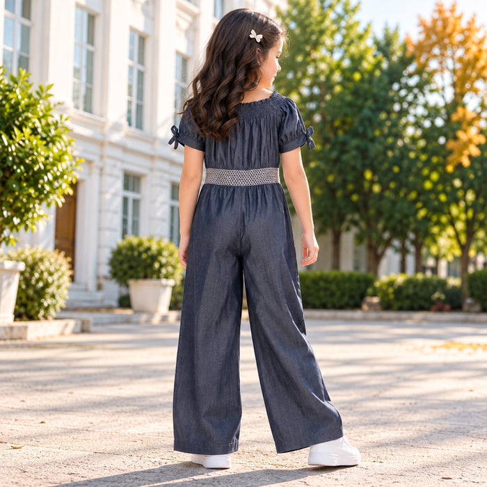 Kids Girls Jumpsuit in Dark Blue with Smocked Waist & Floral Embroidery for Casual Looks