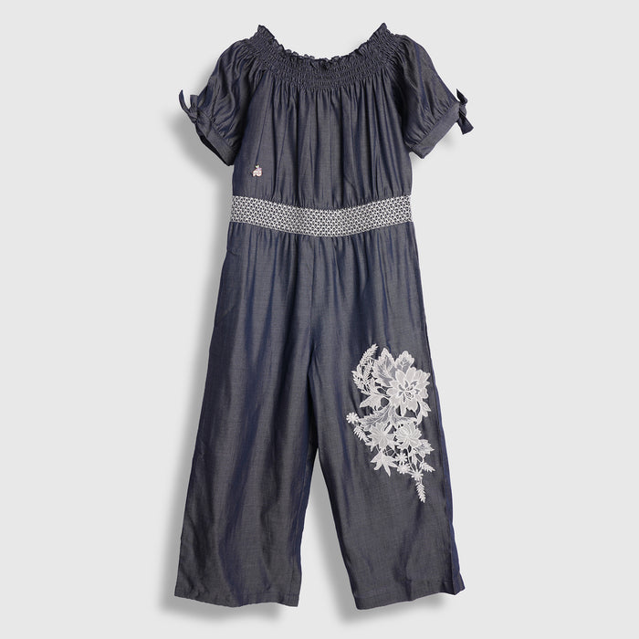 Kids Girls Jumpsuit in Dark Blue with Smocked Waist & Floral Embroidery for Casual Looks