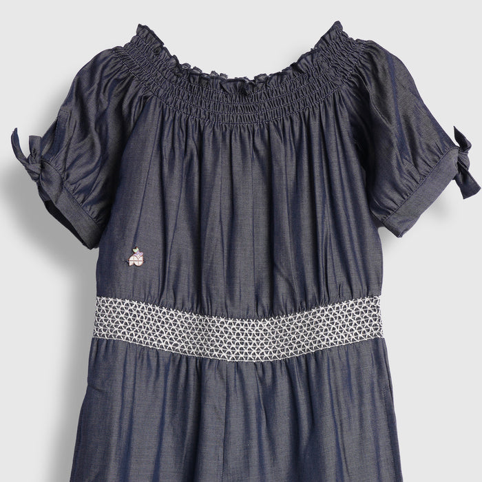 Kids Girls Jumpsuit in Dark Blue with Smocked Waist & Floral Embroidery for Casual Looks