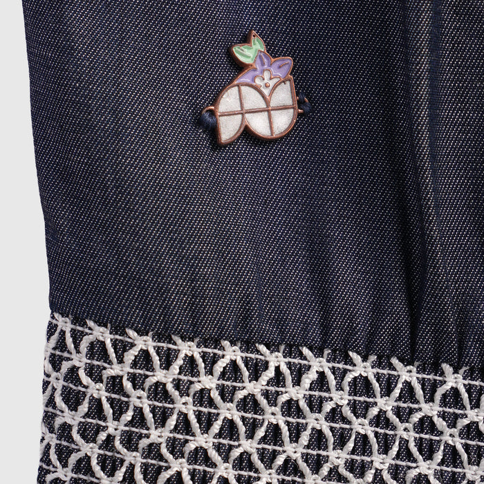 Kids Girls Jumpsuit in Dark Blue with Smocked Waist & Floral Embroidery for Casual Looks