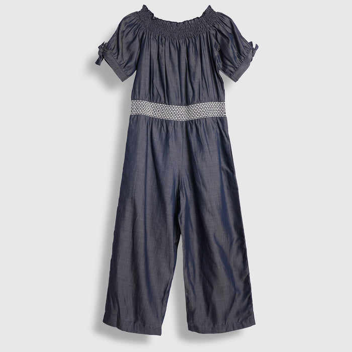Kids Girls Jumpsuit in Dark Blue with Smocked Waist & Floral Embroidery for Casual Looks