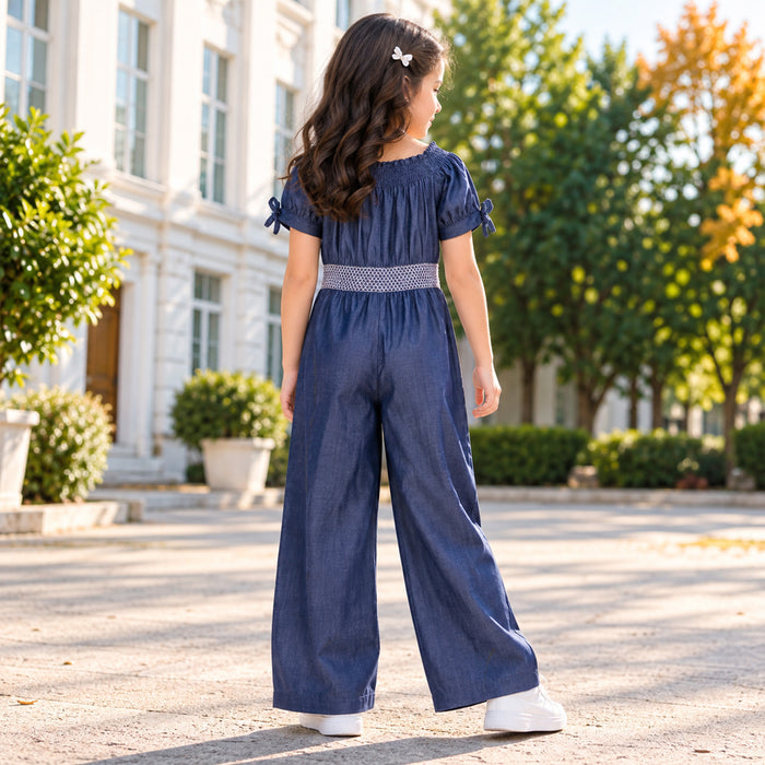 Kids Girls Jumpsuit in Light Blue with Smocked Waist & Floral Embroidery for Casual Looks