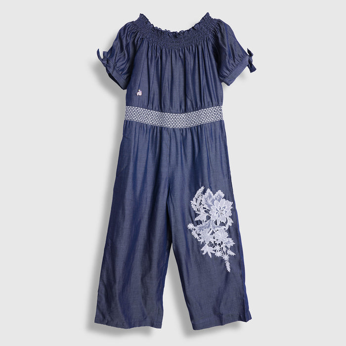 Kids Girls Jumpsuit in Light Blue with Smocked Waist & Floral Embroidery for Casual Looks