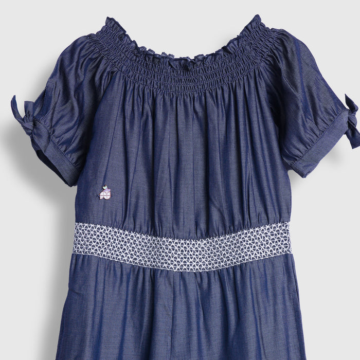 Kids Girls Jumpsuit in Light Blue with Smocked Waist & Floral Embroidery for Casual Looks