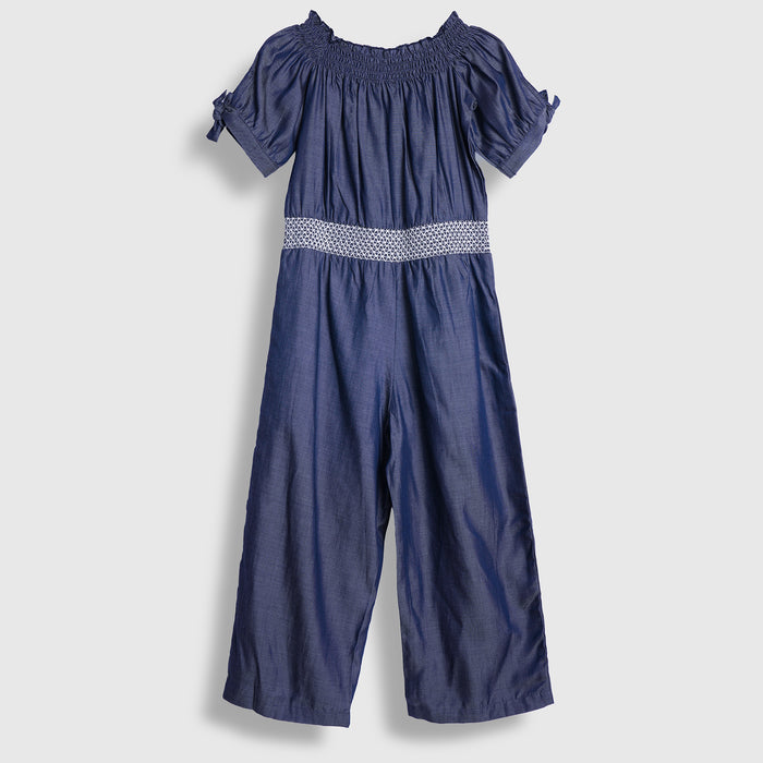 Kids Girls Jumpsuit in Light Blue with Smocked Waist & Floral Embroidery for Casual Looks