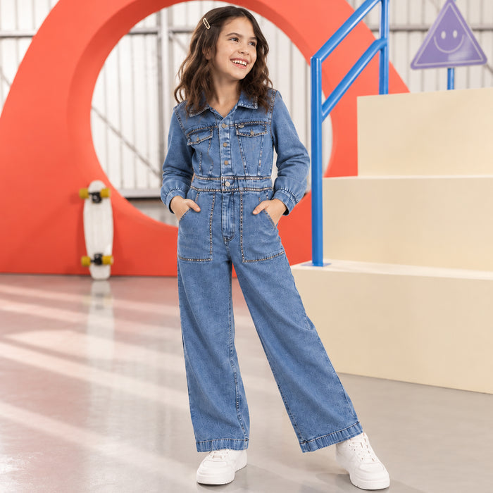 Kids Girls Jumpsuit in Mid Blue with Studded Details, Shirt Collar & Wide-Leg Fit