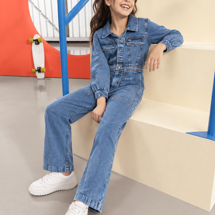 Kids Girls Jumpsuit in Mid Blue with Studded Details, Shirt Collar & Wide-Leg Fit