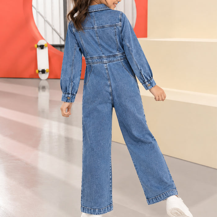 Kids Girls Jumpsuit in Mid Blue with Studded Details, Shirt Collar & Wide-Leg Fit