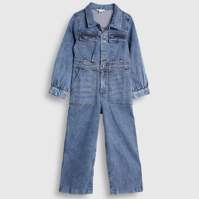 Kids Girls Jumpsuit in Mid Blue with Studded Details, Shirt Collar & Wide-Leg Fit