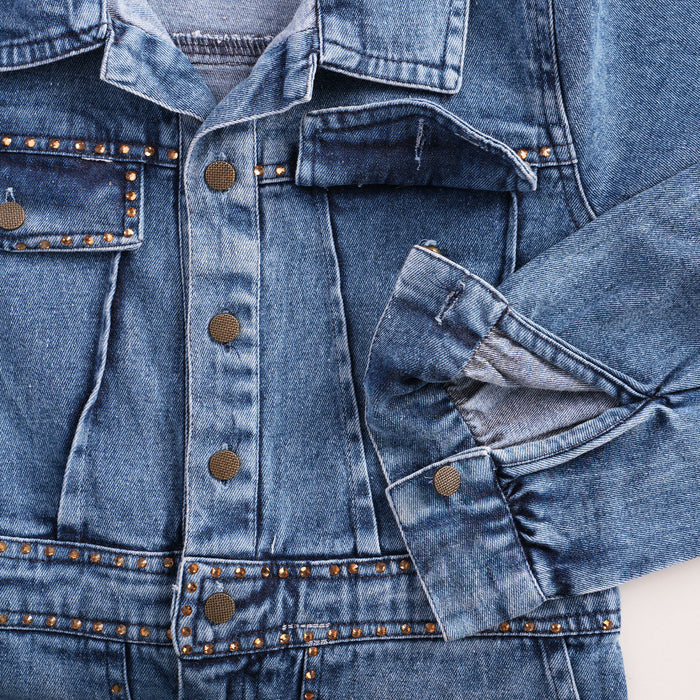 Kids Girls Jumpsuit in Mid Blue with Studded Details, Shirt Collar & Wide-Leg Fit