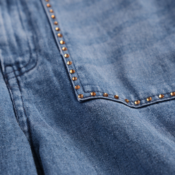 Kids Girls Jumpsuit in Mid Blue with Studded Details, Shirt Collar & Wide-Leg Fit