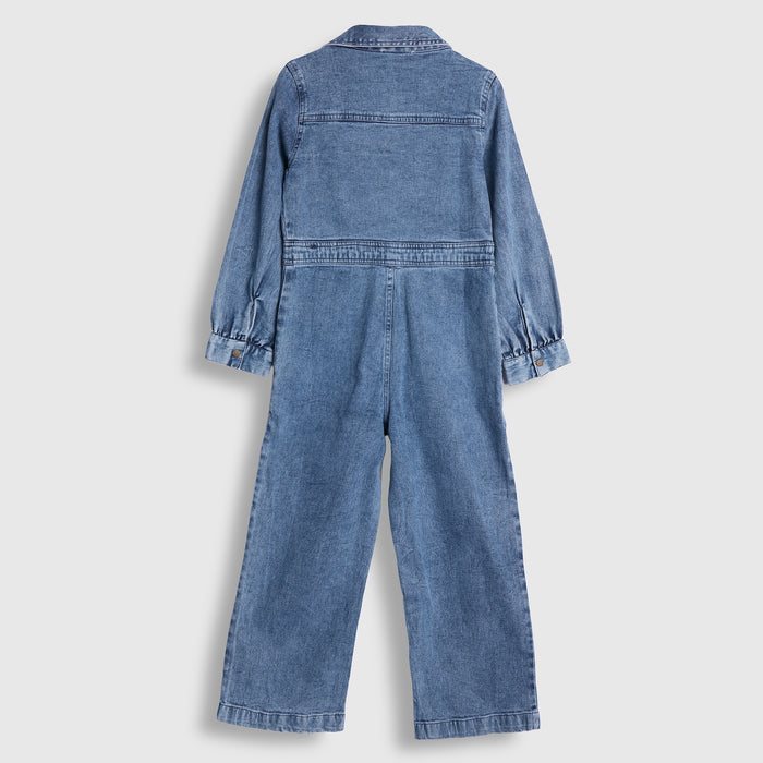 Kids Girls Jumpsuit in Mid Blue with Studded Details, Shirt Collar & Wide-Leg Fit