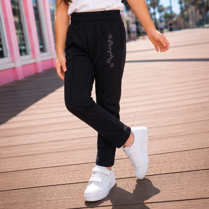 Kids Girls Lower in Black with Relaxed Straight Fit, Soft Stretch Fabric & Rhinestone Detail