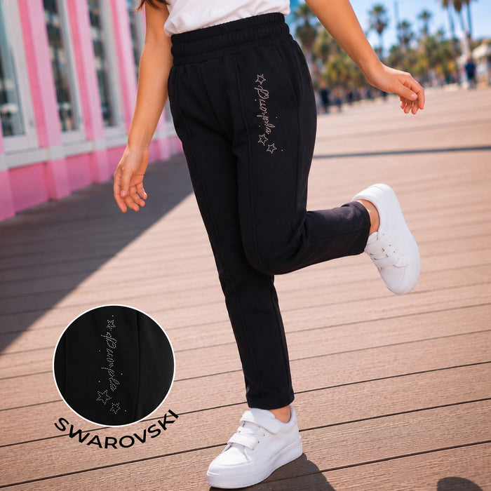 Kids Girls Lower in Black with Relaxed Straight Fit, Soft Stretch Fabric & Rhinestone Detail