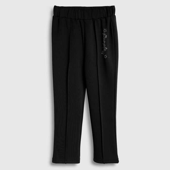 Kids Girls Lower in Black with Relaxed Straight Fit, Soft Stretch Fabric & Rhinestone Detail