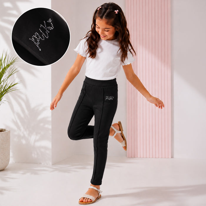 Kids Girls Lower in Black with Sleek Straight Fit, Soft Stretch Fabric & Rhinestone Detail