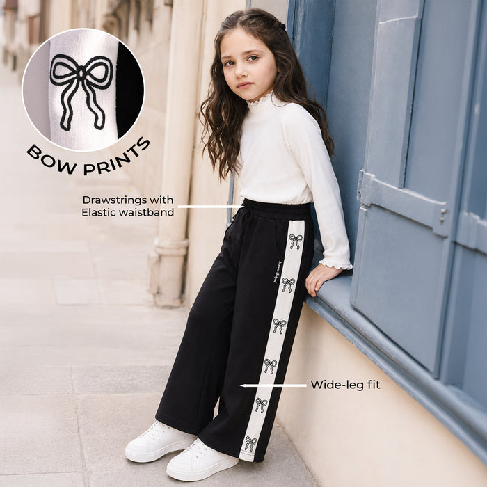 Kids Girls Lower in Black with Wide Leg Fit, Soft Breathable Fabric & Drawstring Waist
