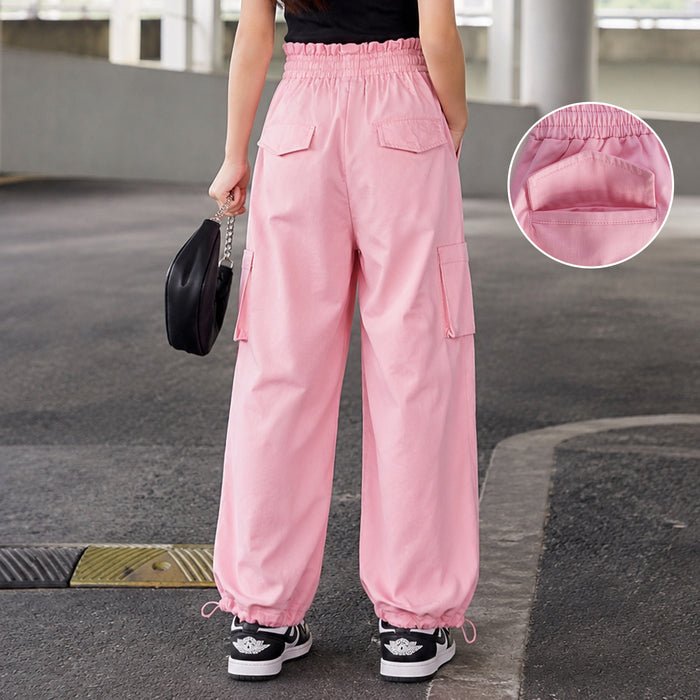 Kids Girls Lower in Light Pink with Cargo Pockets and Relaxed Utility Fit for Active Wear