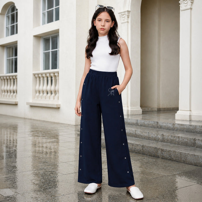 Kids Girls Lower in Navy Blue with Wide Leg Design, Stud Detail & Elasticated Waist Comfort