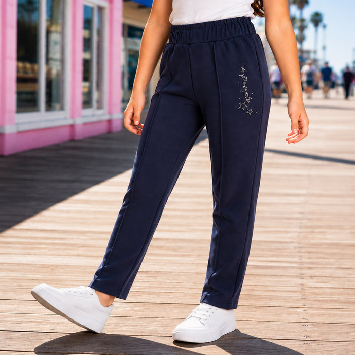 Kids Girls Lower in Navy with Relaxed Straight Fit, Soft Stretch Fabric & Rhinestone Detail