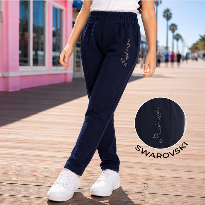 Kids Girls Lower in Navy with Relaxed Straight Fit, Soft Stretch Fabric & Rhinestone Detail