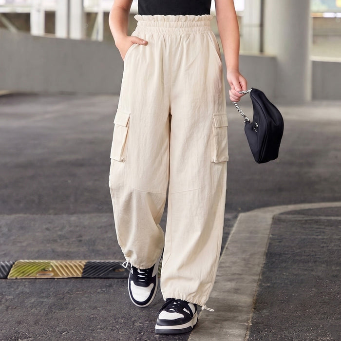 Kids Girls Lower in Off White with Cargo Pockets and Relaxed Utility Fit for Active Wear