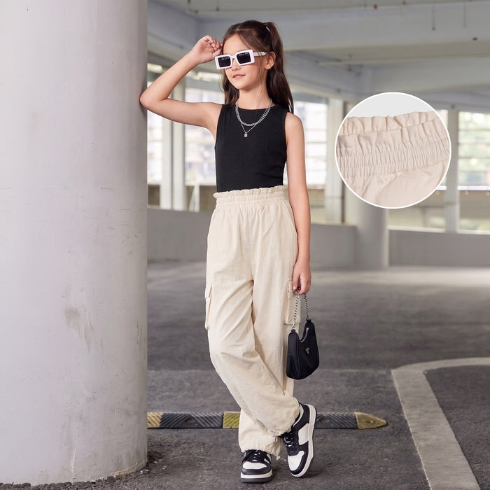Kids Girls Lower in Off White with Cargo Pockets and Relaxed Utility Fit for Active Wear