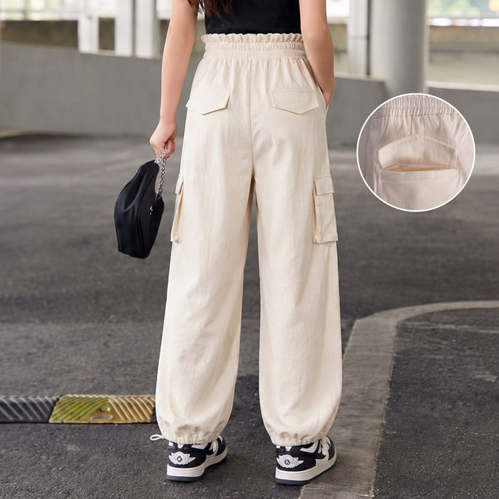 Kids Girls Lower in Off White with Cargo Pockets and Relaxed Utility Fit for Active Wear