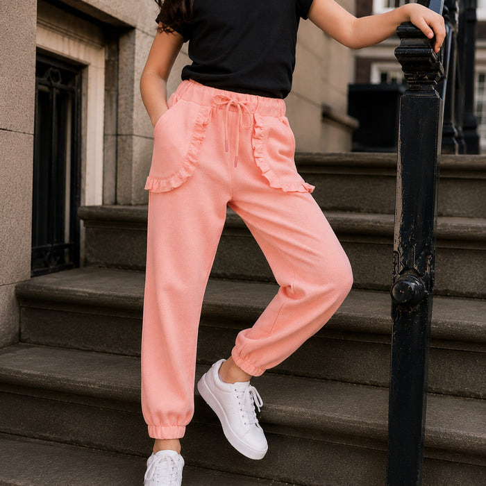Kids Girls Lower in Peach with Ruffle Pockets, Drawcord Waist & Regular Fit Comfort