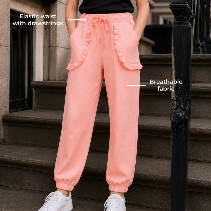 Kids Girls Lower in Peach with Ruffle Pockets, Drawcord Waist & Regular Fit Comfort