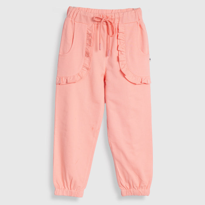 Kids Girls Lower in Peach with Ruffle Pockets, Drawcord Waist & Regular Fit Comfort