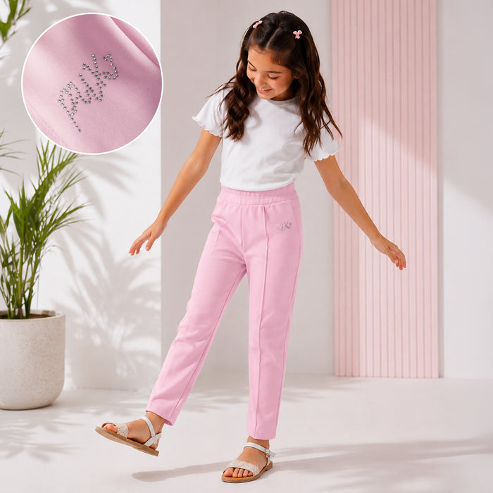 Kids Girls Lower in Pink with Sleek Straight Fit, Soft Stretch Fabric & Rhinestone Detail