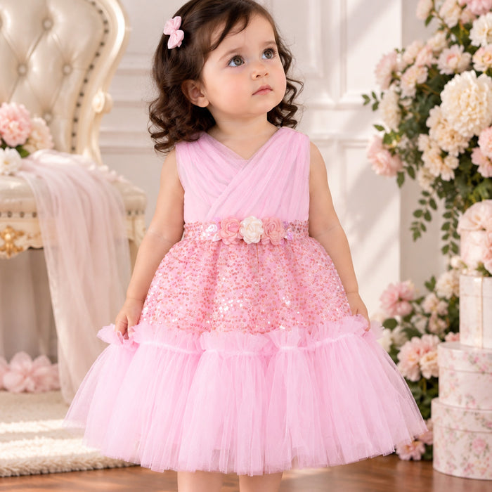 Kids Girls Party Dress in Light Pink with Sequin Bodice, Floral Waist Belt & Layered Tulle Skirt