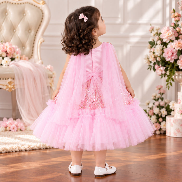 Kids Girls Party Dress in Light Pink with Sequin Bodice, Floral Waist Belt & Layered Tulle Skirt