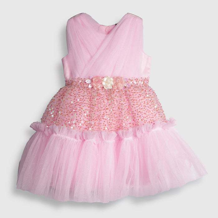 Kids Girls Party Dress in Light Pink with Sequin Bodice, Floral Waist Belt & Layered Tulle Skirt