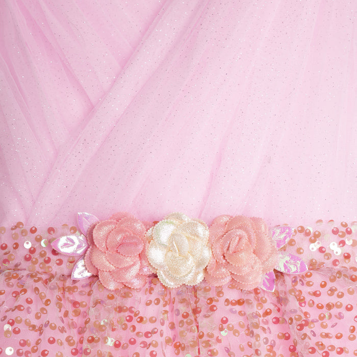 Kids Girls Party Dress in Light Pink with Sequin Bodice, Floral Waist Belt & Layered Tulle Skirt