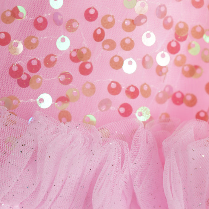 Kids Girls Party Dress in Light Pink with Sequin Bodice, Floral Waist Belt & Layered Tulle Skirt