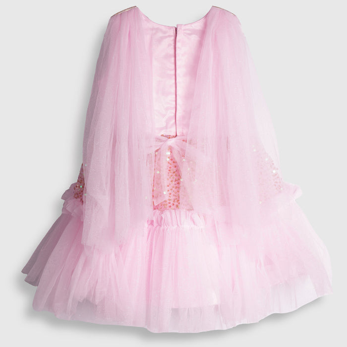 Kids Girls Party Dress in Light Pink with Sequin Bodice, Floral Waist Belt & Layered Tulle Skirt