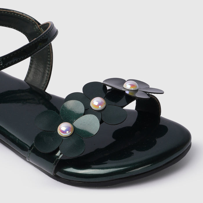 Kids Girls Sandals in Green with Floral Embellishment, Buckle Strap & Cushioned Footbed"