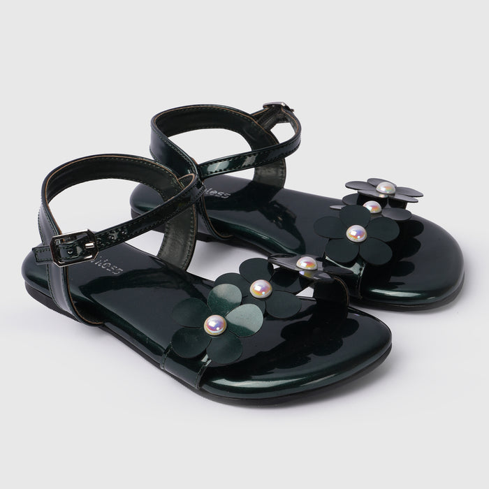 Kids Girls Sandals in Green with Floral Embellishment, Buckle Strap & Cushioned Footbed"